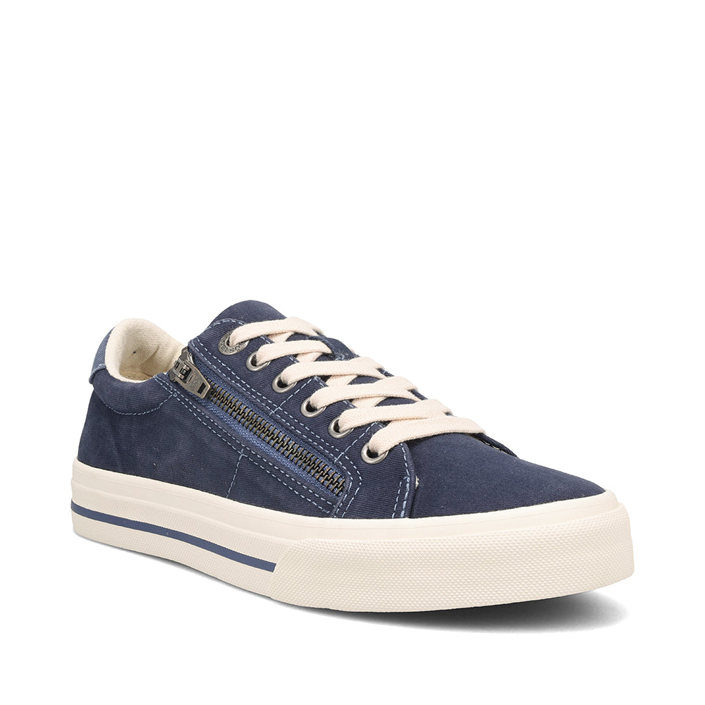 Navy blue sneaker with white laces on a white background