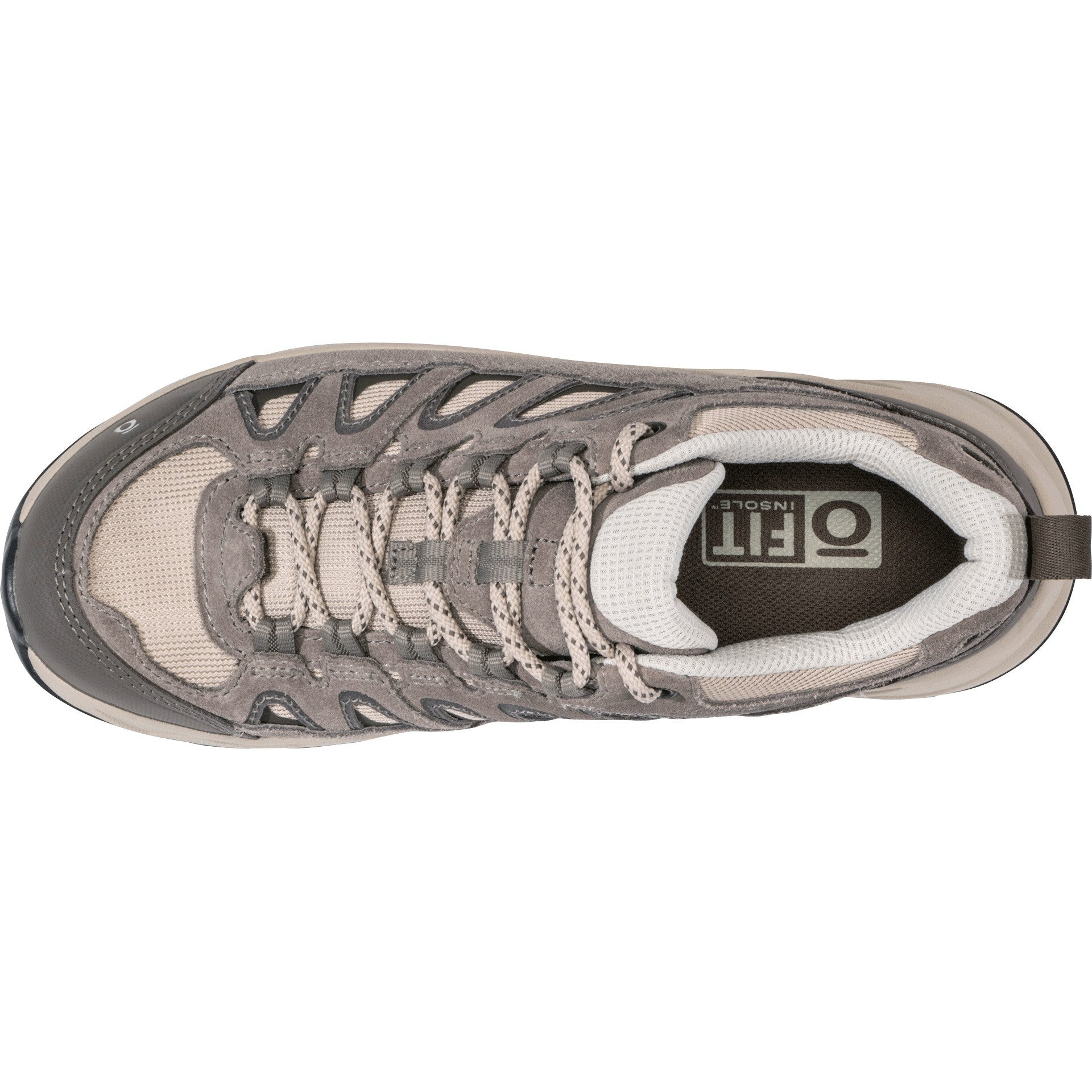 Gray and white sneaker with 'Oboz' branding on a white background