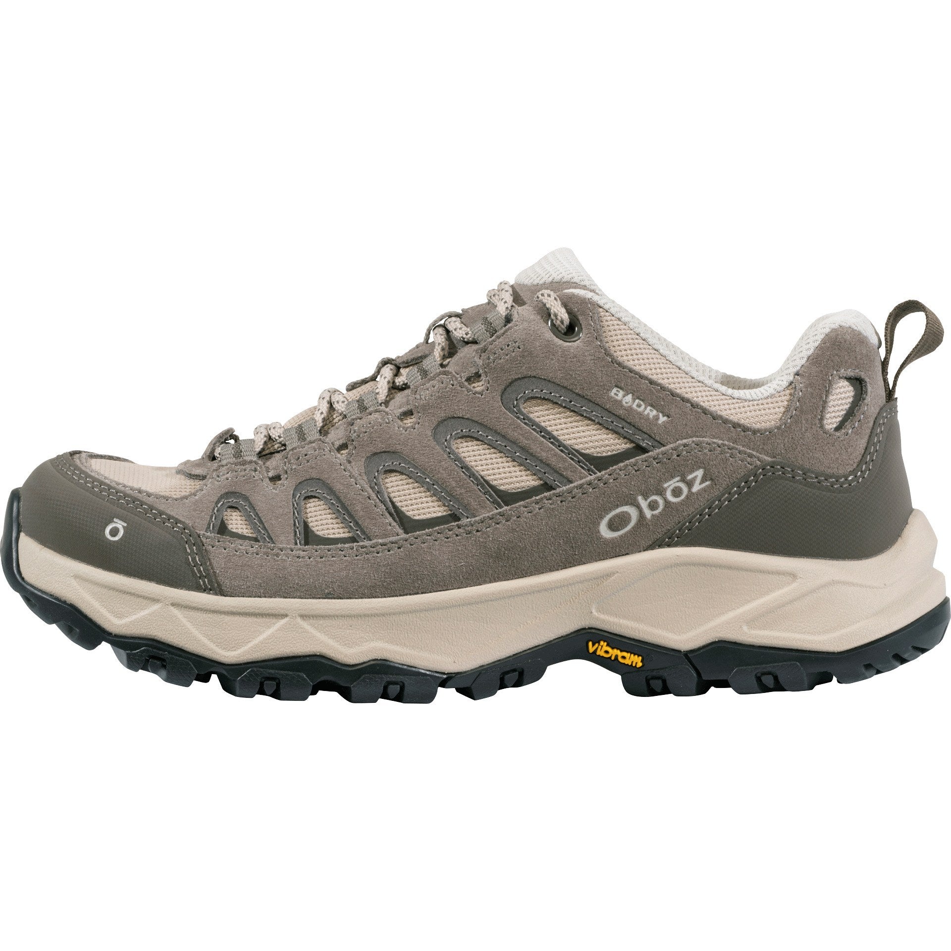 Gray hiking shoe with brand logo on a white background
