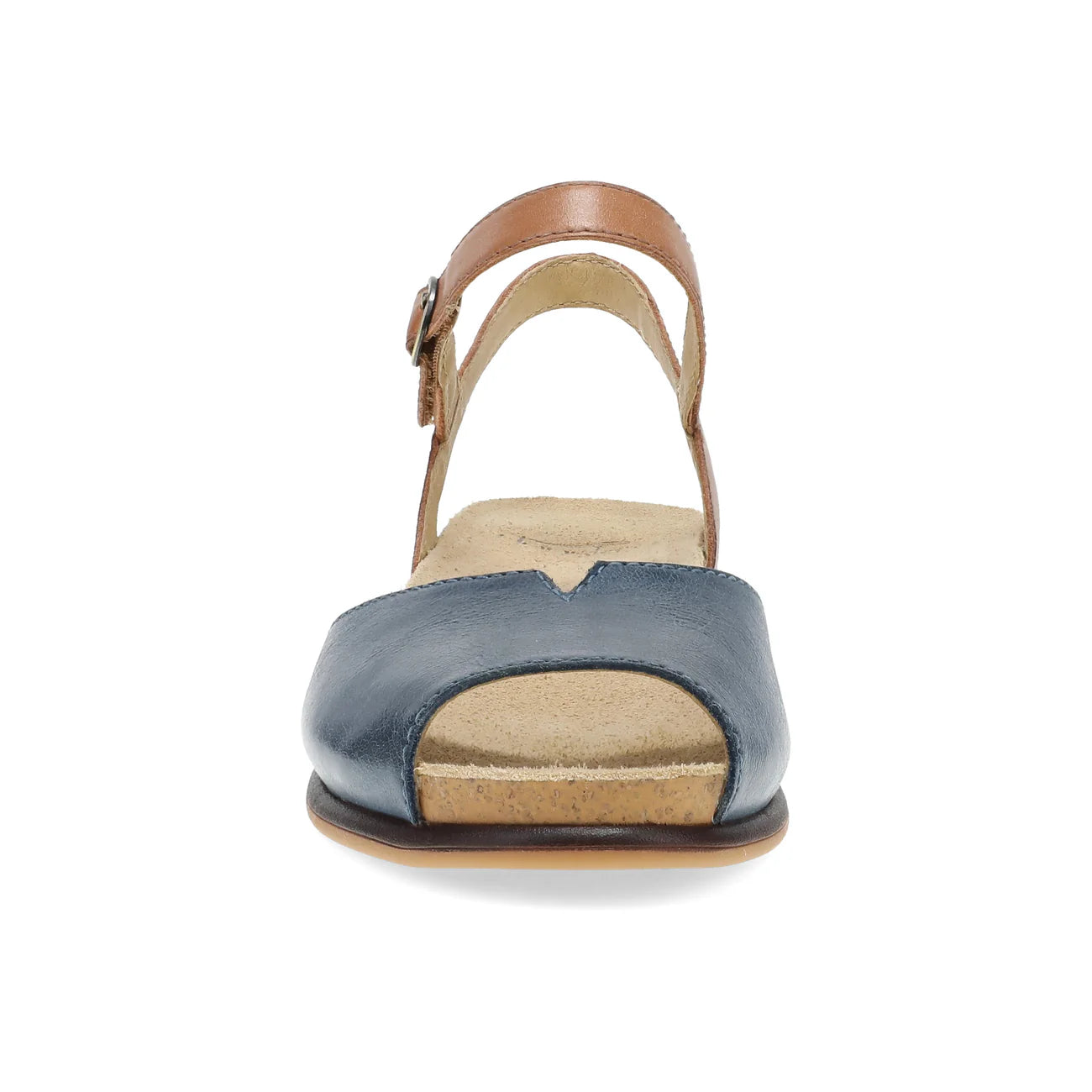 Blue sandal with a brown strap on a white background