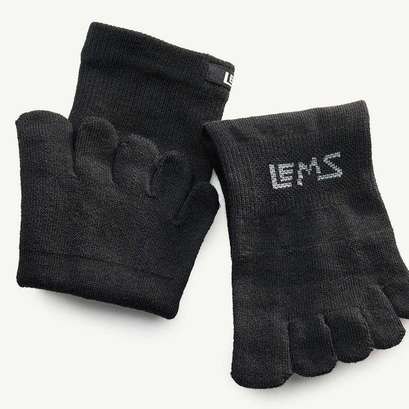 Pair of black toe socks with 'LEMS' branding on a white background