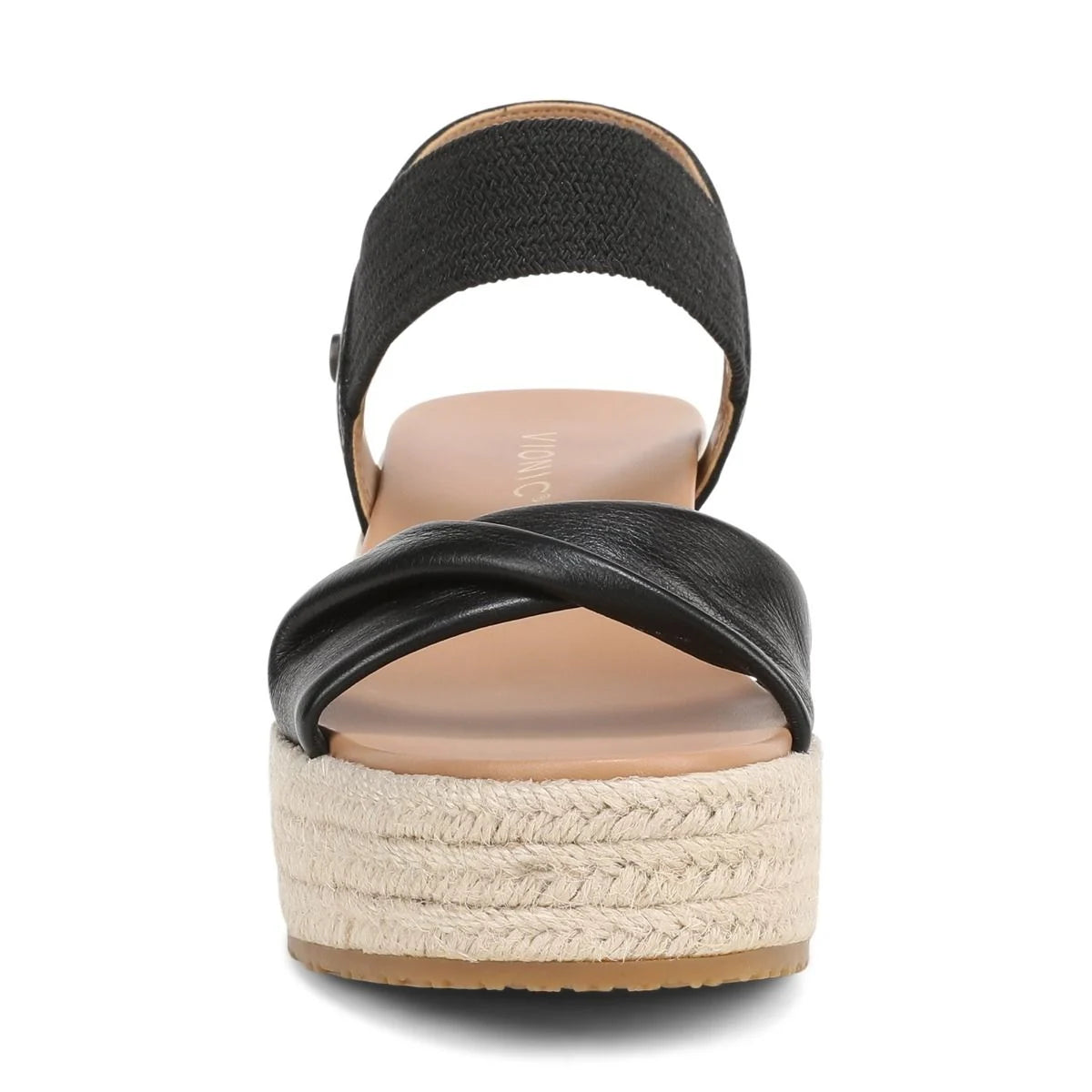 Black sandal with woven sole on a white background