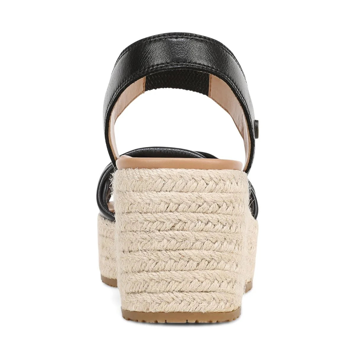 Black wedge sandal with braided sole on a white background
