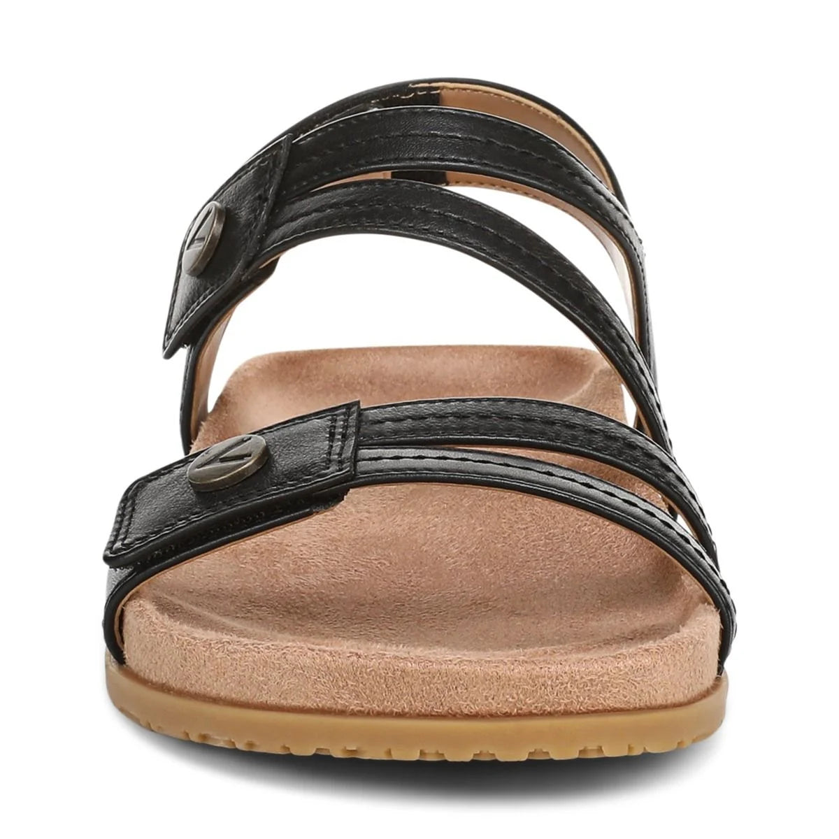 Black sandal with a tan sole on a white background