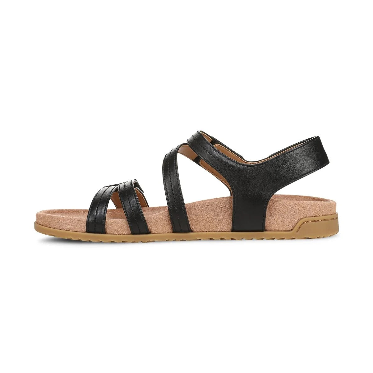 Black sandal with a tan sole on a white background
