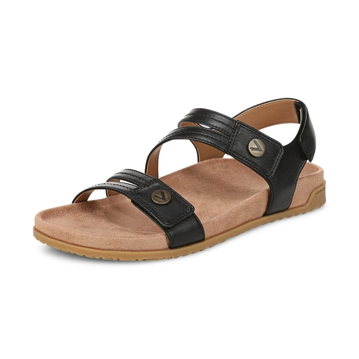 Brown sandal with black straps on a white background