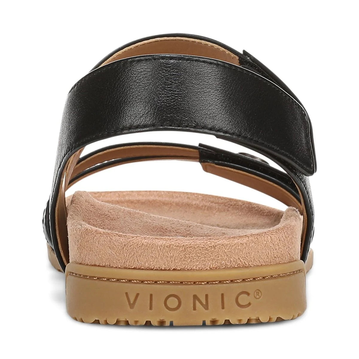 Black sandal with tan sole and Vionic logo on a white background