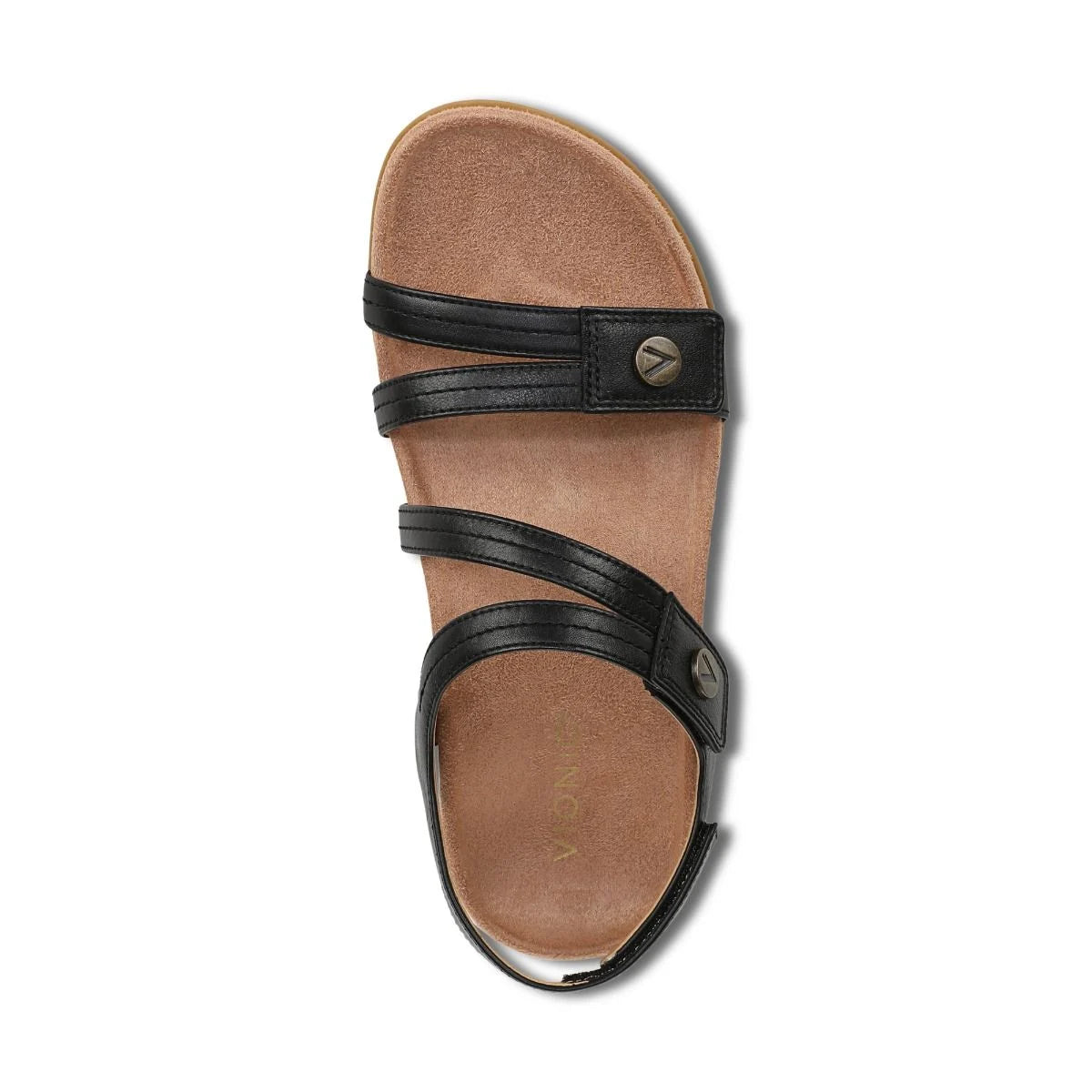 Brown sandal with black straps on a white background
