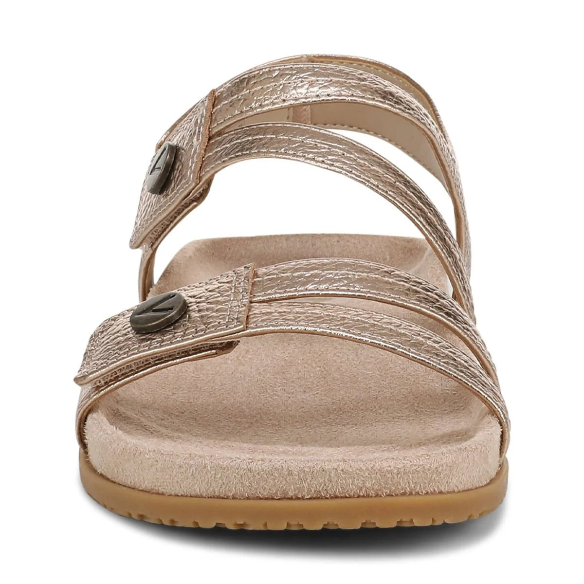 Beige sandal with multiple straps on a white background