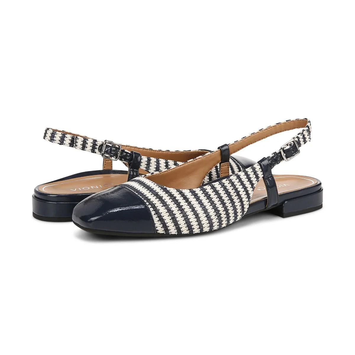 Women's Vionic Petaluma Slingback Flat Color: Navy Striped Raffia 4