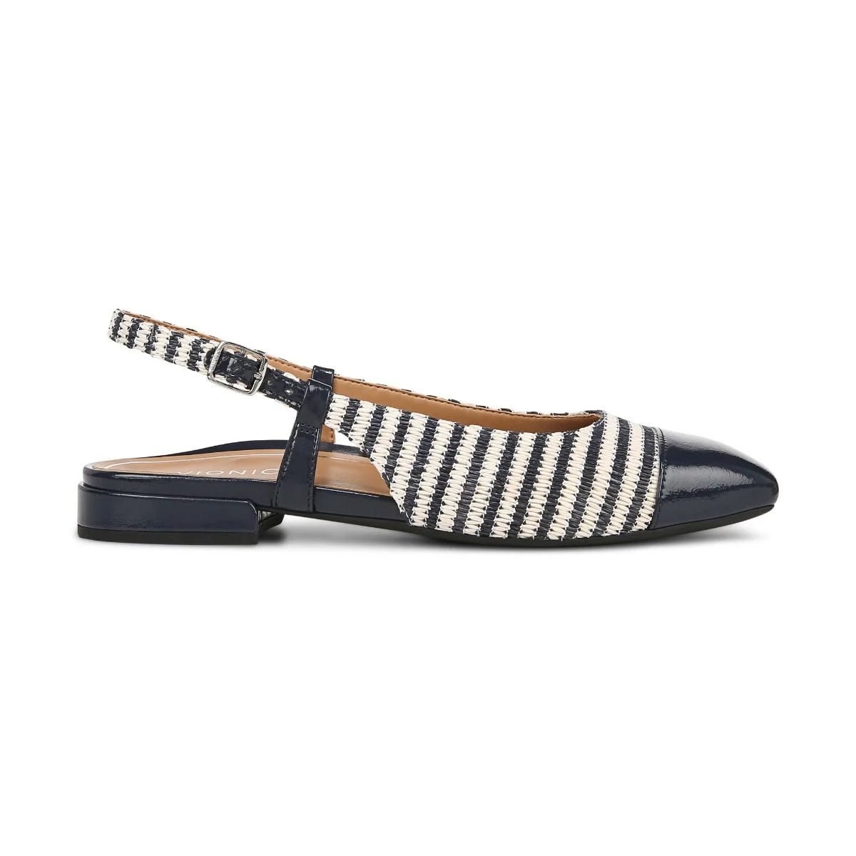 Women's Vionic Petaluma Slingback Flat Color: Navy Striped Raffia 2