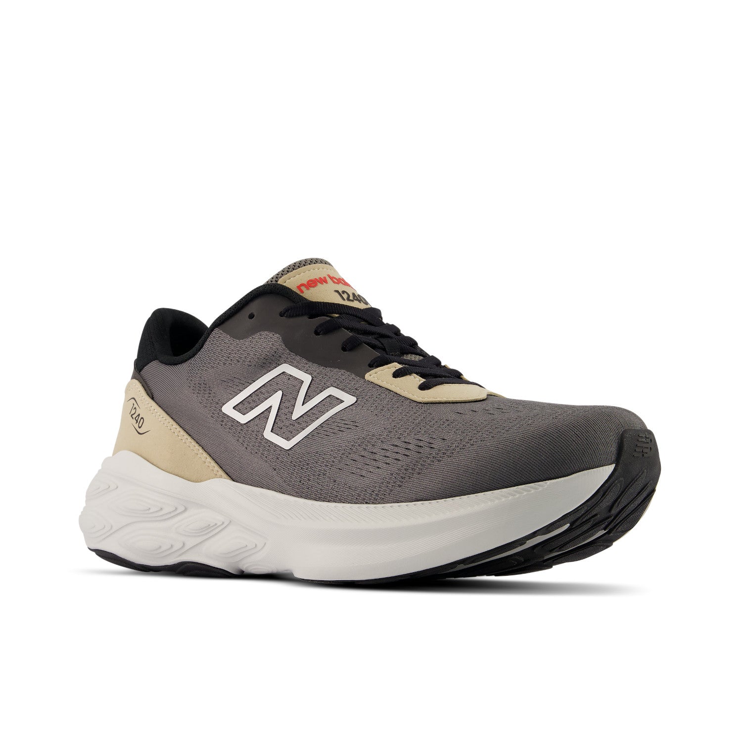 Gray running shoe with black and beige accents on a white background
