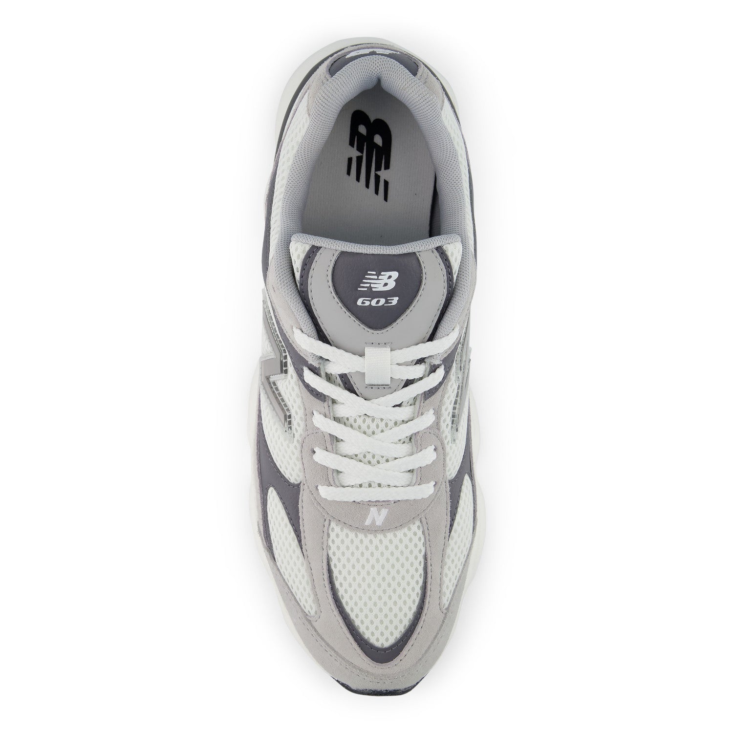 Gray and white sneaker with New Balance logo on a white background