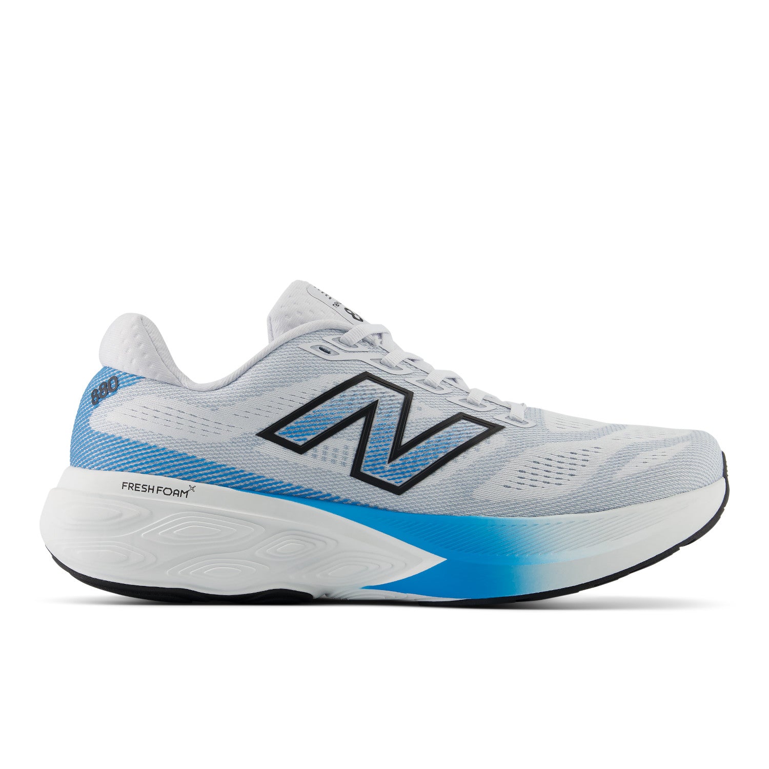 White and blue running shoe with New Balance logo on a white background