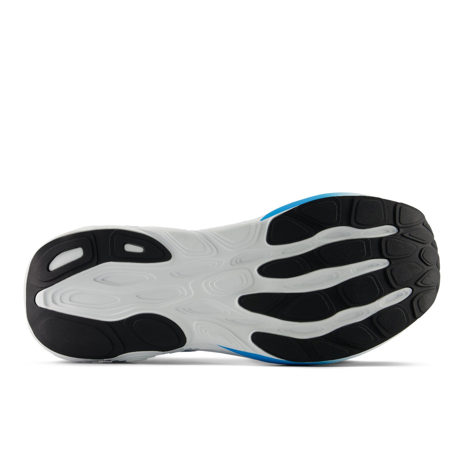 Close-up of a shoe sole with black, white, and blue design on a white background