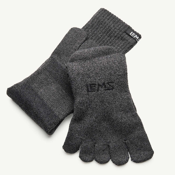 Pair of gray toe socks with 'LEMS' branding on a white background