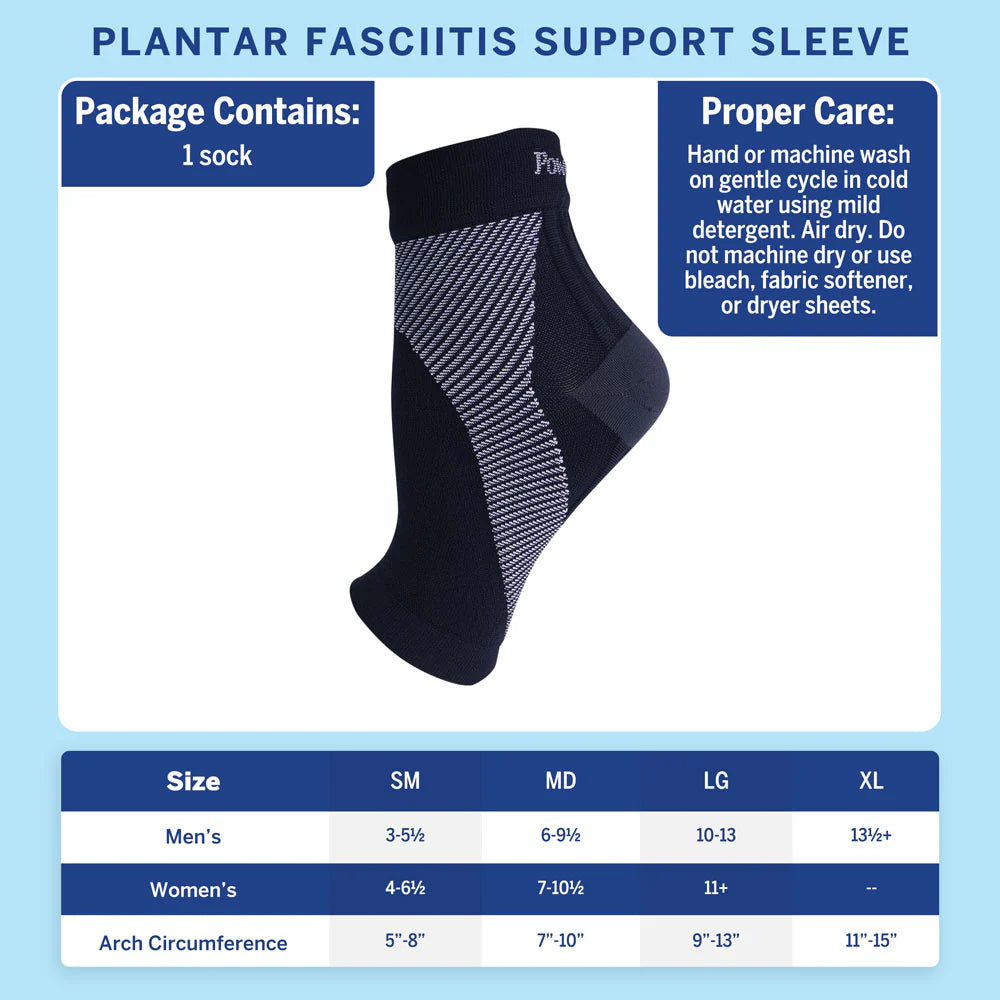 Plantar fasciitis support sleeve with packaging details on a blue background