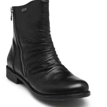 A black leather ankle boot with a side zipper, shown from a three-quarters angle on a white background.