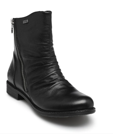 A black leather ankle boot with a side zipper, shown from a three-quarters angle on a white background.