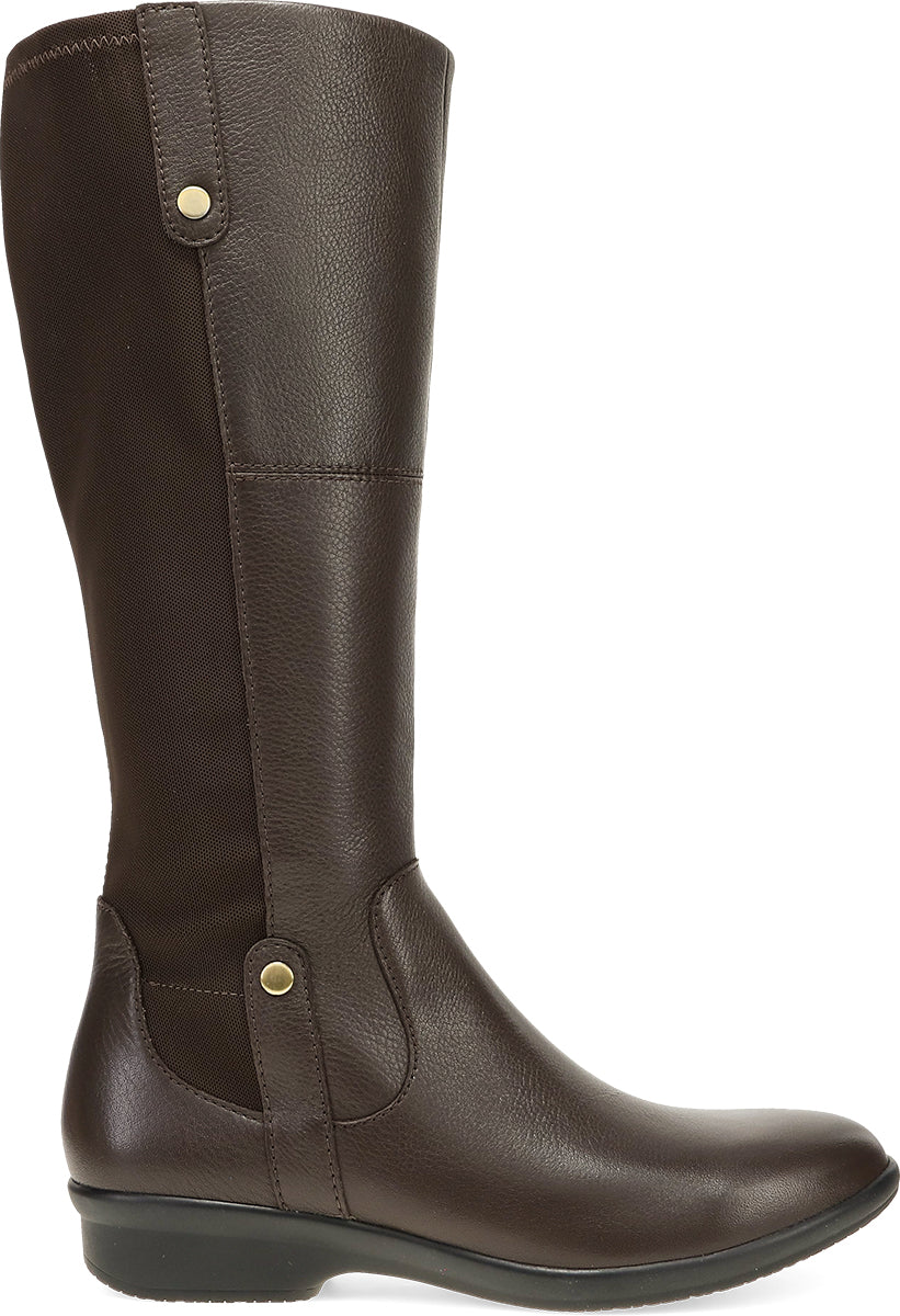 A dark brown leather knee-high riding boot with a low black heel and gold-tone snap button details, shown from a side profile on a white background.