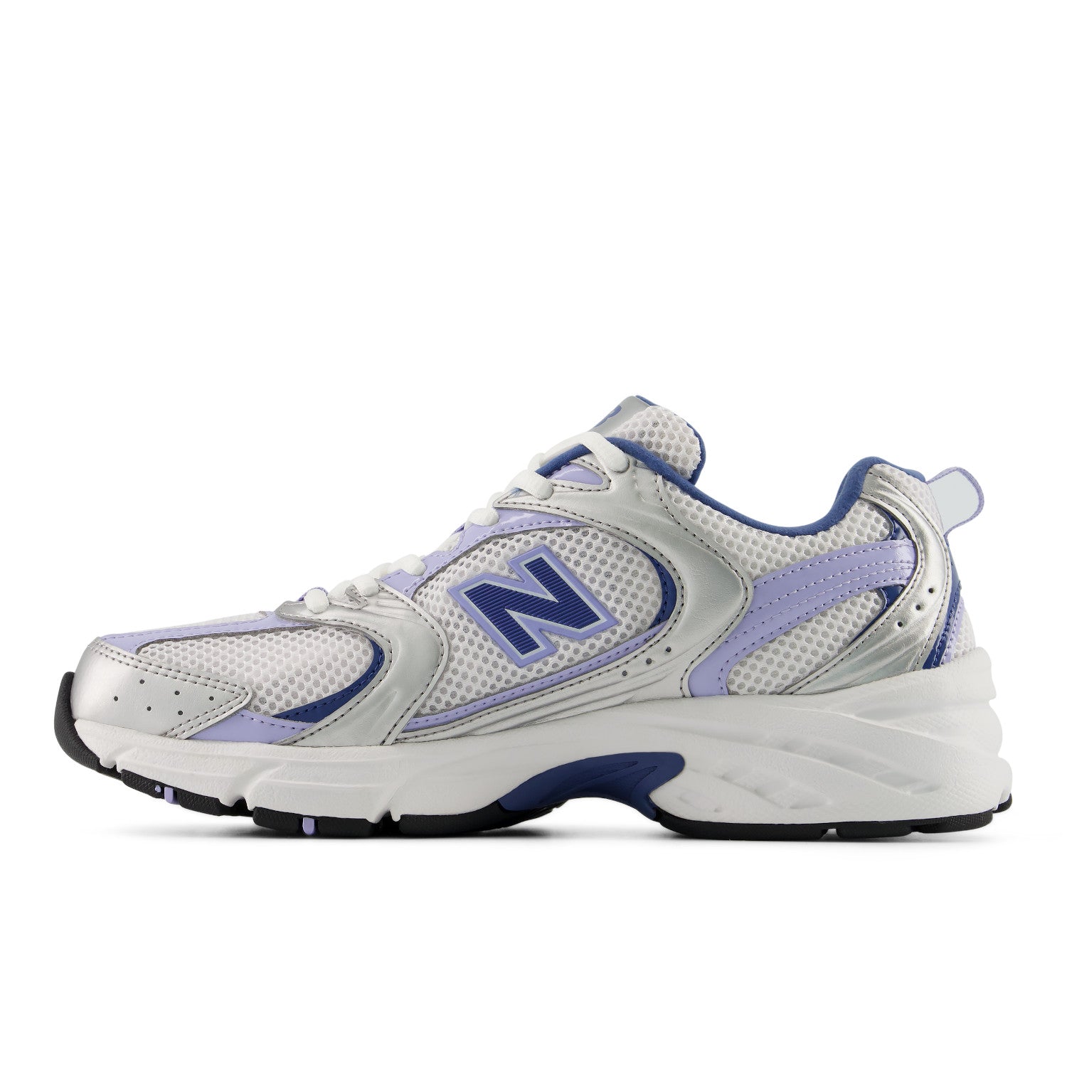 White and purple sneaker with New Balance logo on a white background