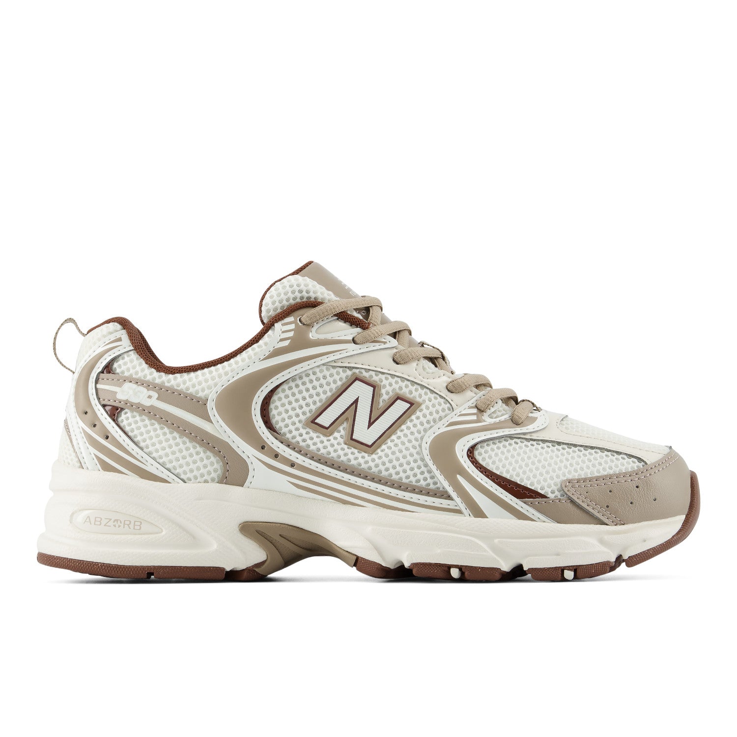A New Balance 530 sneaker in beige, white, and brown, shown from a side profile view on a white background.