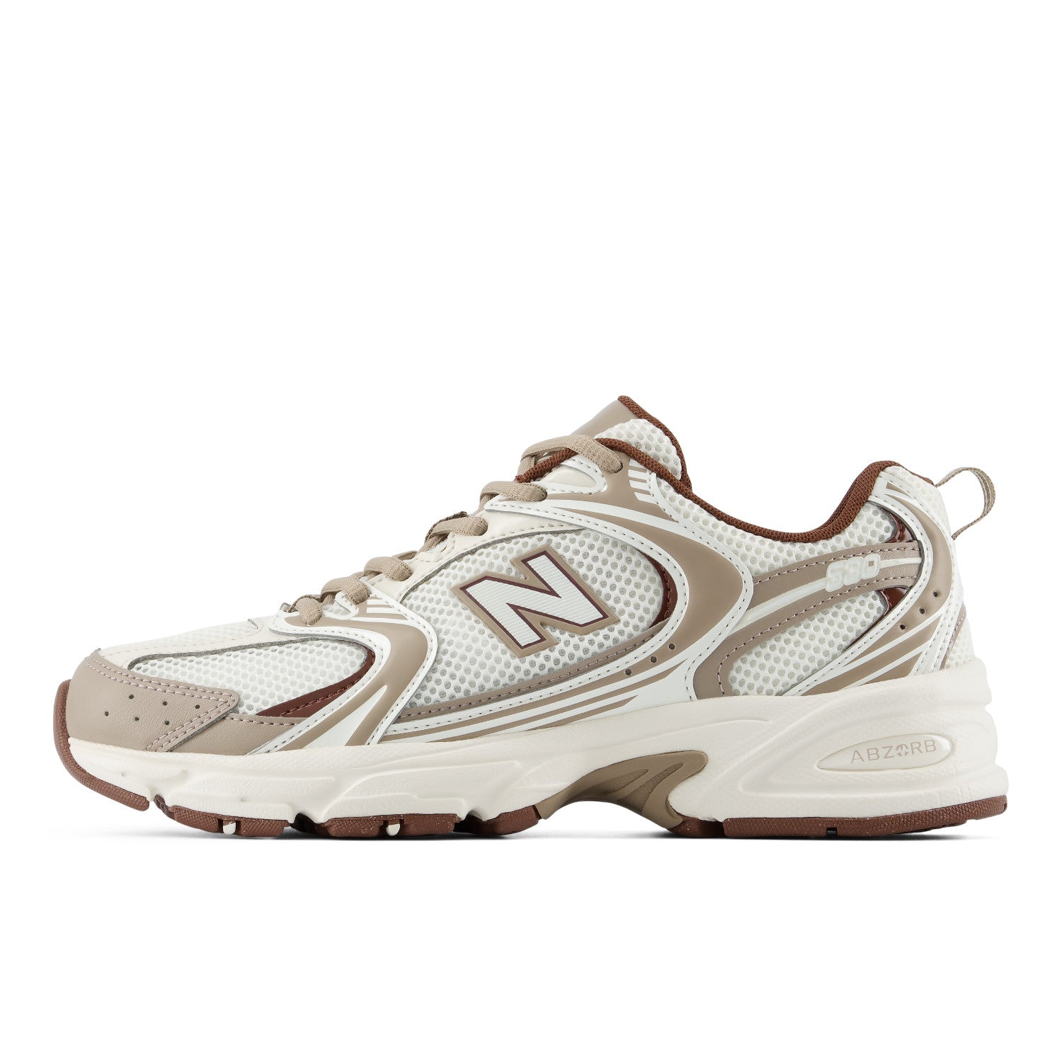 A New Balance 530 sneaker in a cream, beige, and brown colorway, shown from a side profile view against a plain white background.