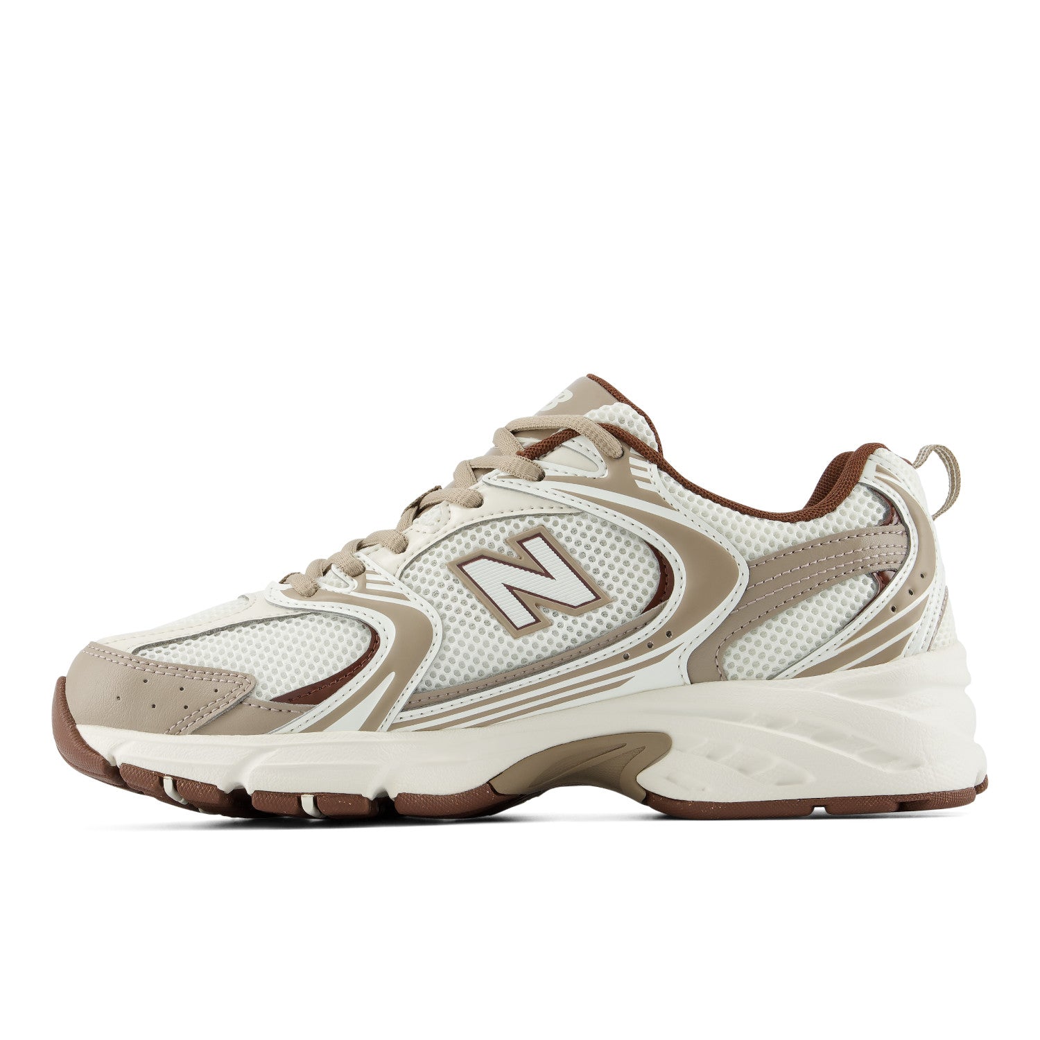 A New Balance athletic sneaker in beige, cream, and brown, shown from a side profile view against a plain white background.