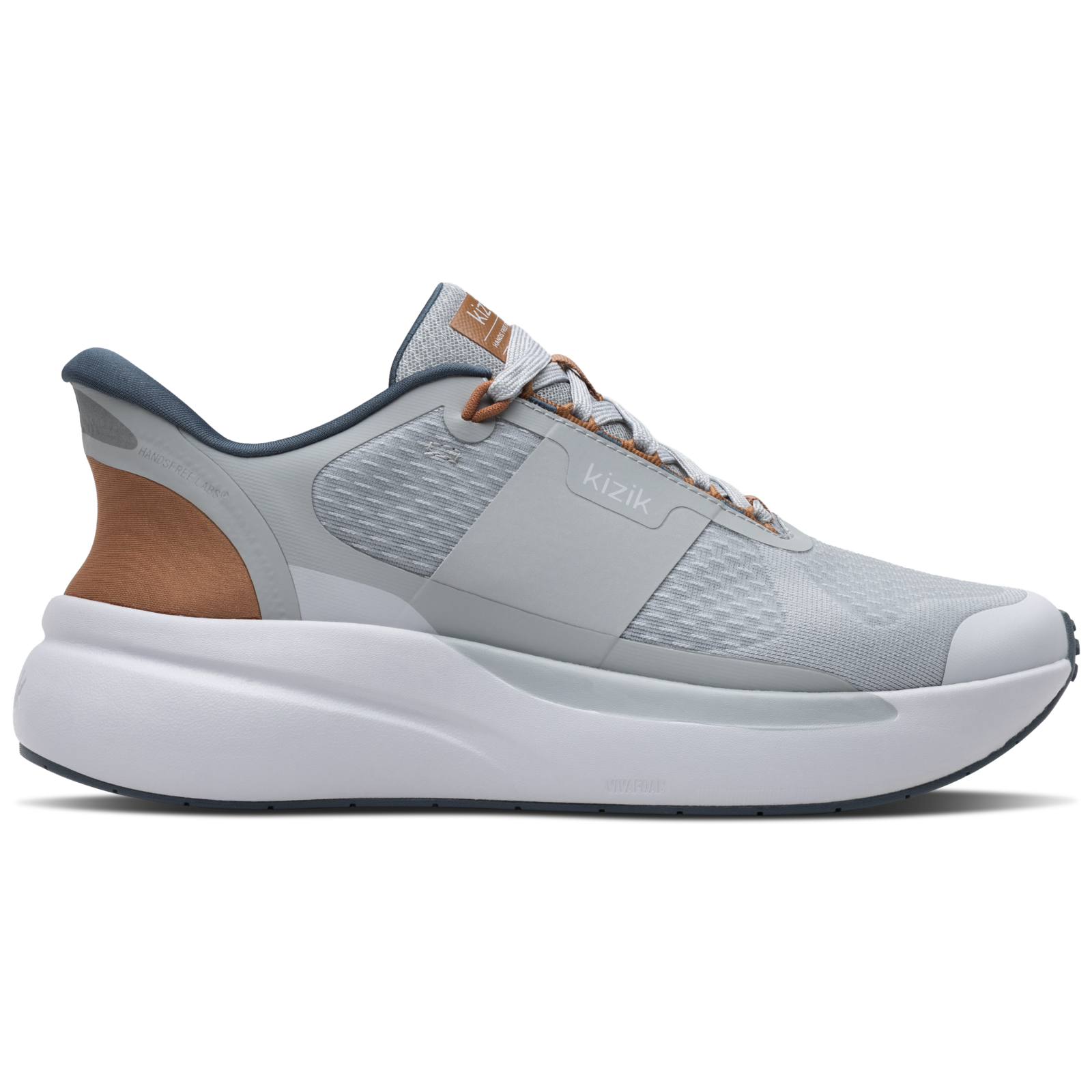 Gray running shoe with brown accents on a white background