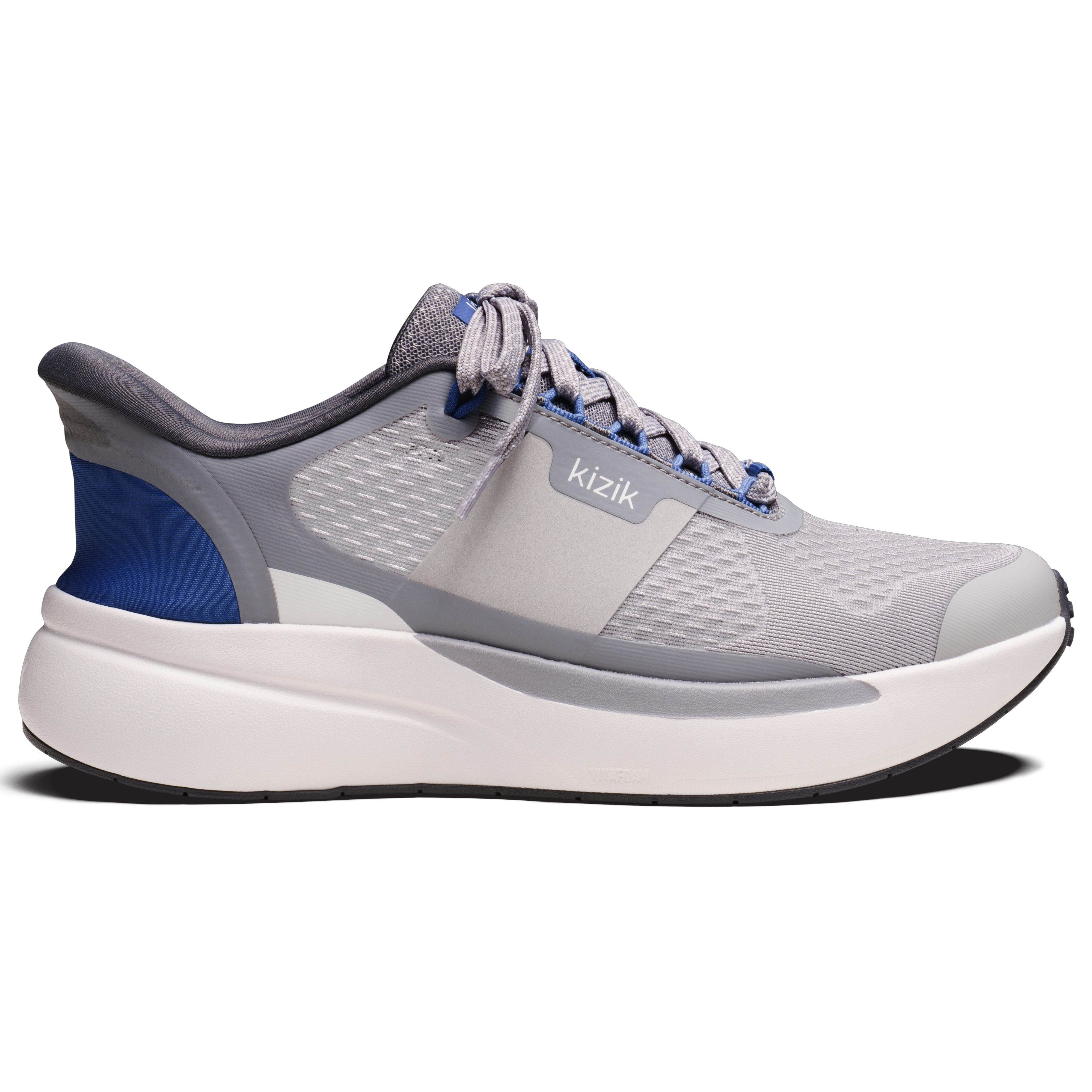 Gray and blue running shoe with white sole on a white background