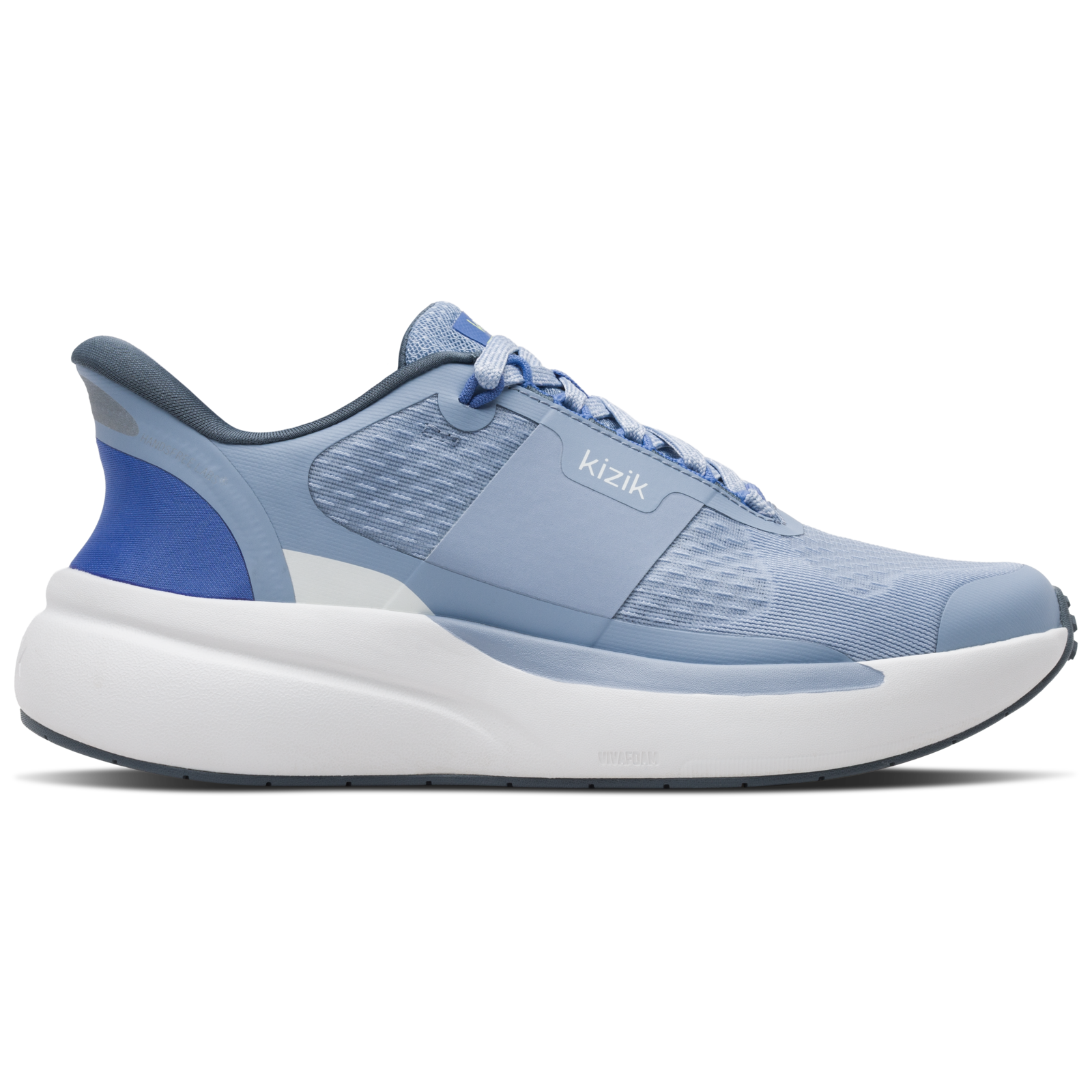 Blue running shoe with white sole on a white background