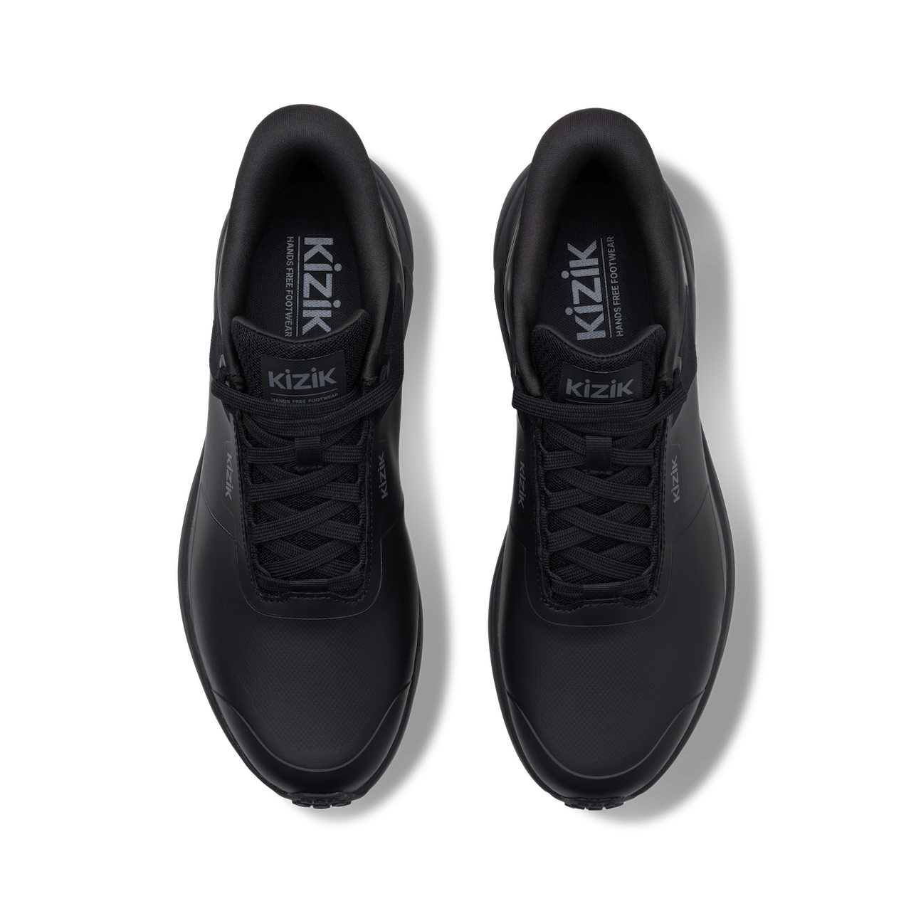 A pair of black Kizik athletic shoes shown from a top-down view on a white background.
