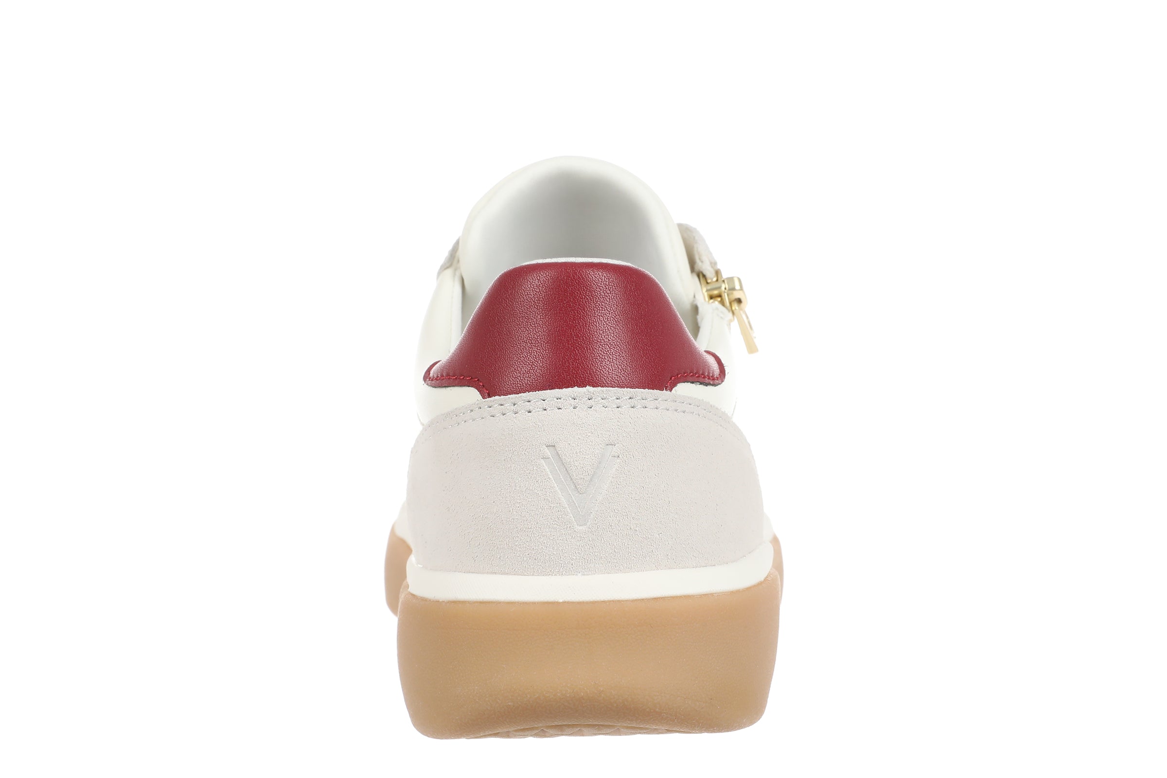 A single white leather shoe shown from the back, featuring a deep burgundy heel tab, a small gold buckle detail, and a thick beige gum sole.