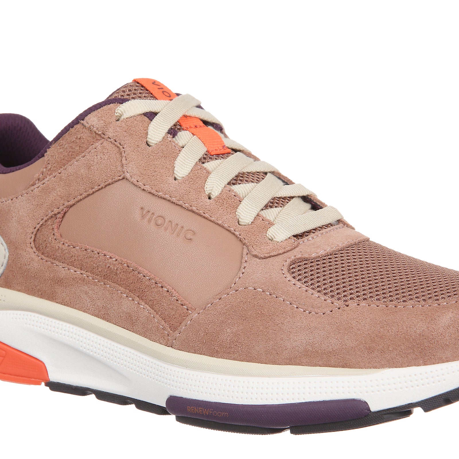A single Vionic sneaker in a dusty rose and beige colorway with orange accents, cream laces, and a white midsole, shown against a plain white background.