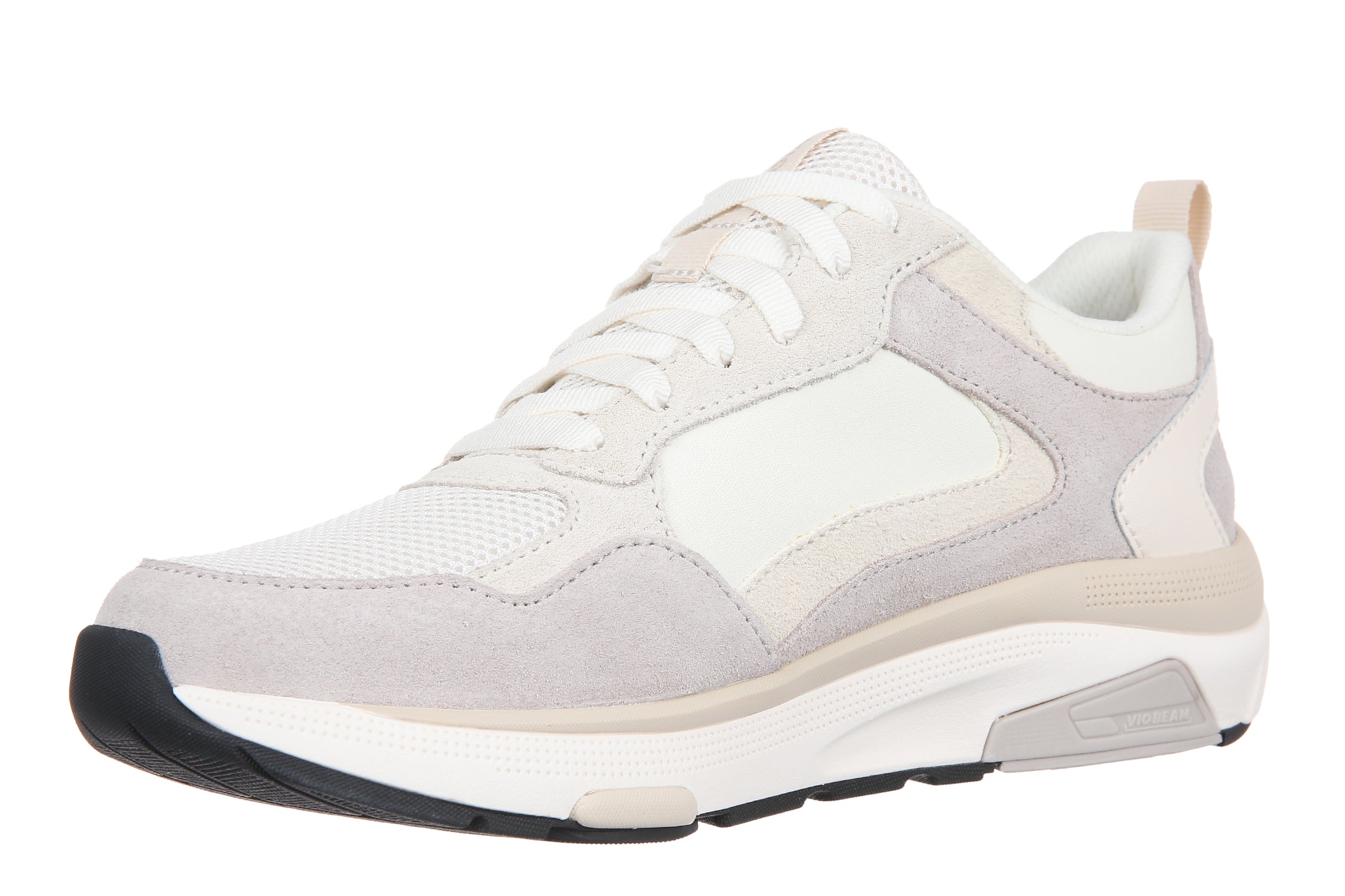 A low-top sneaker in light gray suede and white mesh, featuring white laces, a thick white and beige midsole, and a black outsole, shown against a plain white background.