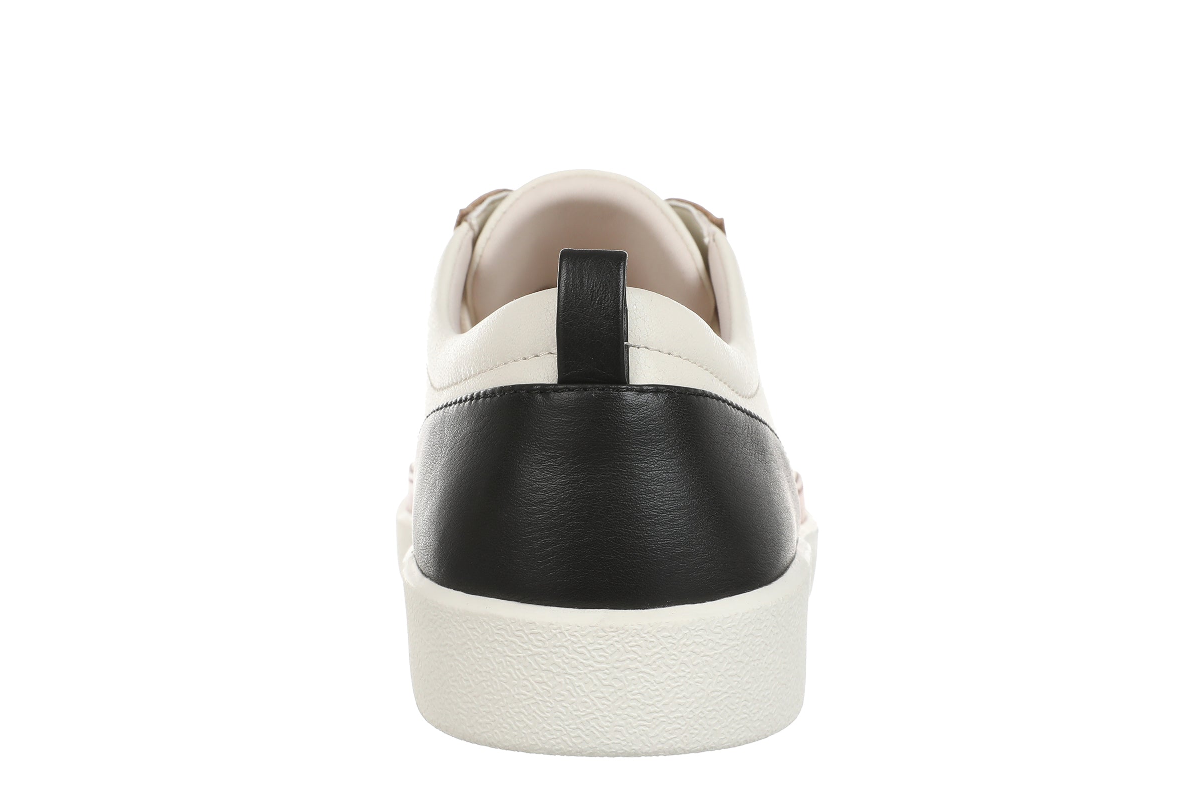 A single low-top sneaker shown from the rear, featuring an off-white leather upper with a contrasting black leather heel panel and a thick off-white rubber sole.