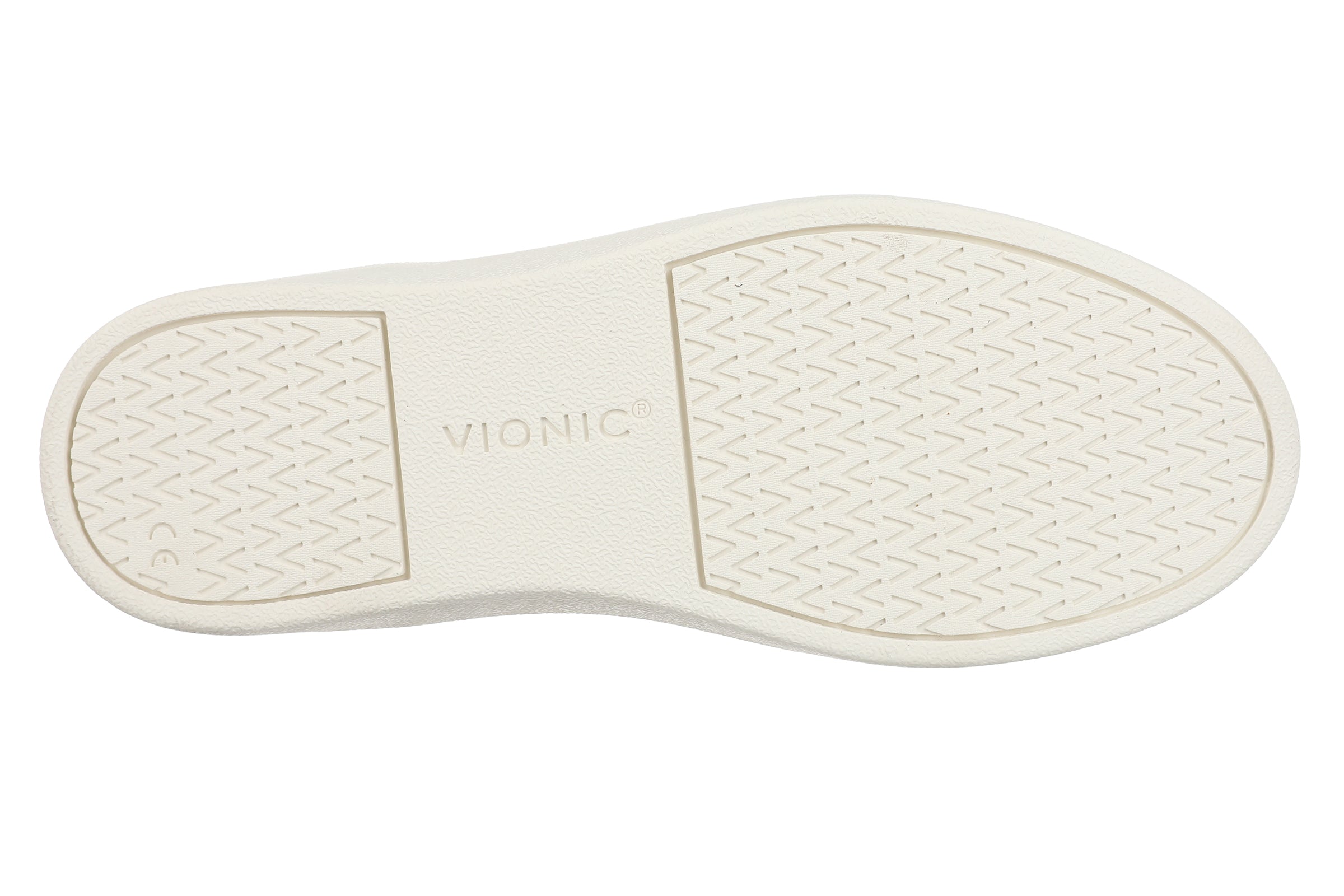 The bottom sole of a Vionic shoe, shown in a top-down view against a plain white background. The sole is a warm off-white/cream color with a textured herringbone pattern on the heel and toe, and the brand name 'VIONIC' embossed in the center.
