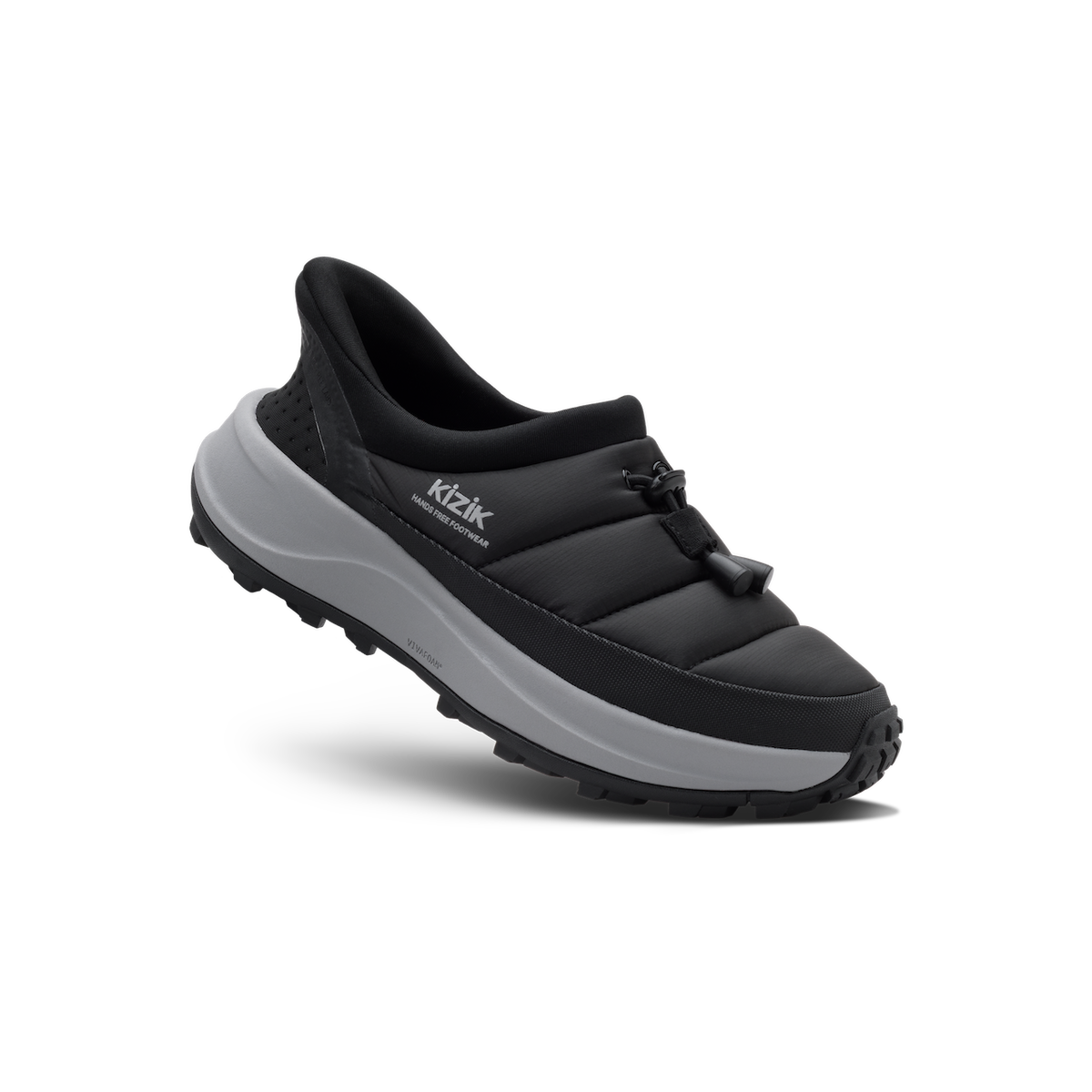 Black and gray sneaker with 'Kizik' branding on a white background