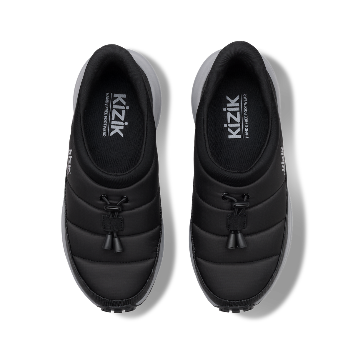 A pair of black Kizik slip-on shoes shown from a top-down view on a white background.