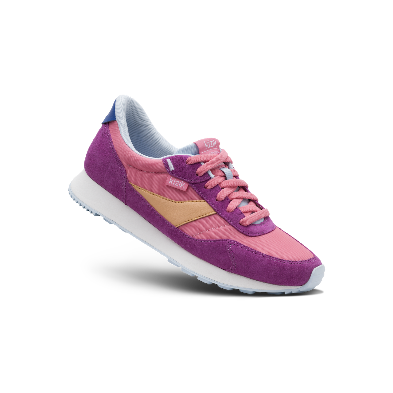 Multicolored sneaker with purple, pink, and yellow on a white background