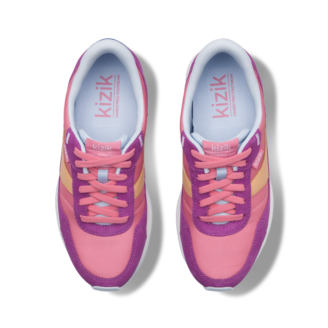 Pair of pink and purple sneakers with 'kizik' branding on a white background