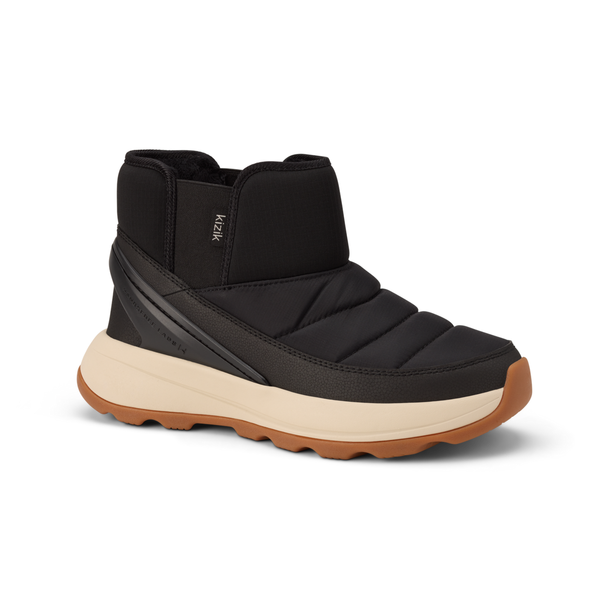 A black ankle-height winter boot with a thick beige midsole and a brown outsole, shown from a three-quarters angle on a white background.