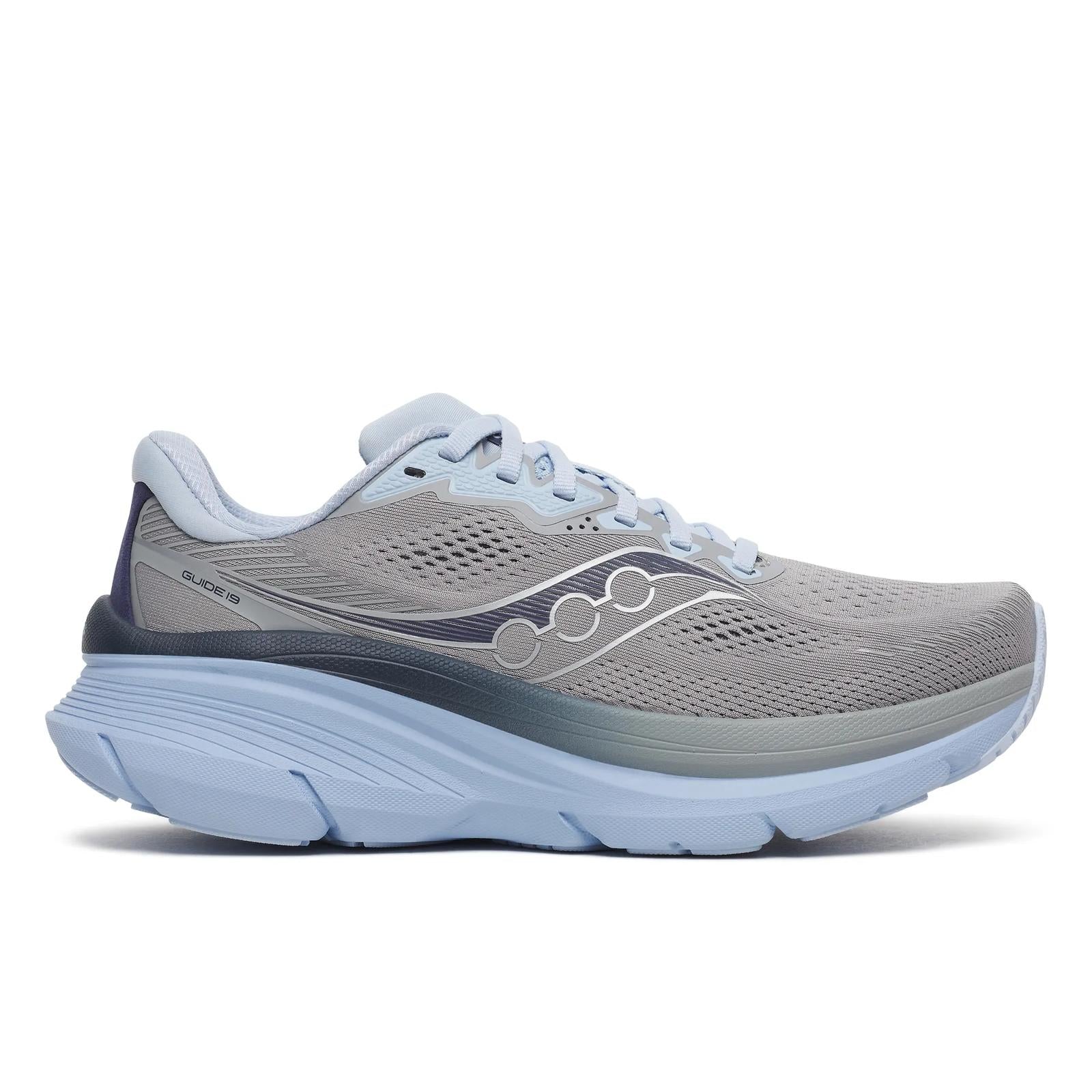 Gray running shoe with white sole on a white background