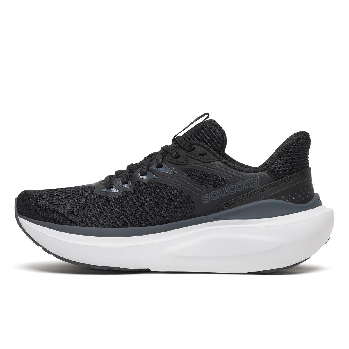Black running shoe with white sole on a white background