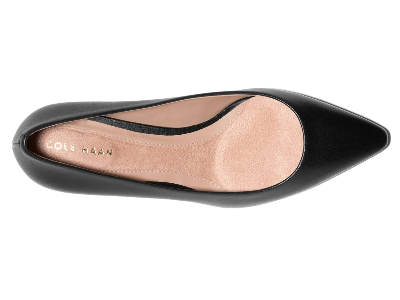 Black pointed-toe shoe with pink insole on a white background