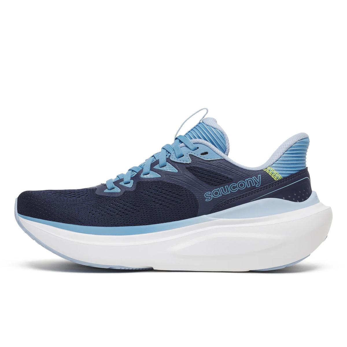 A Saucony running shoe in navy blue and light blue, featuring a thick white midsole and a small yellow accent near the heel, shown against a plain white background.