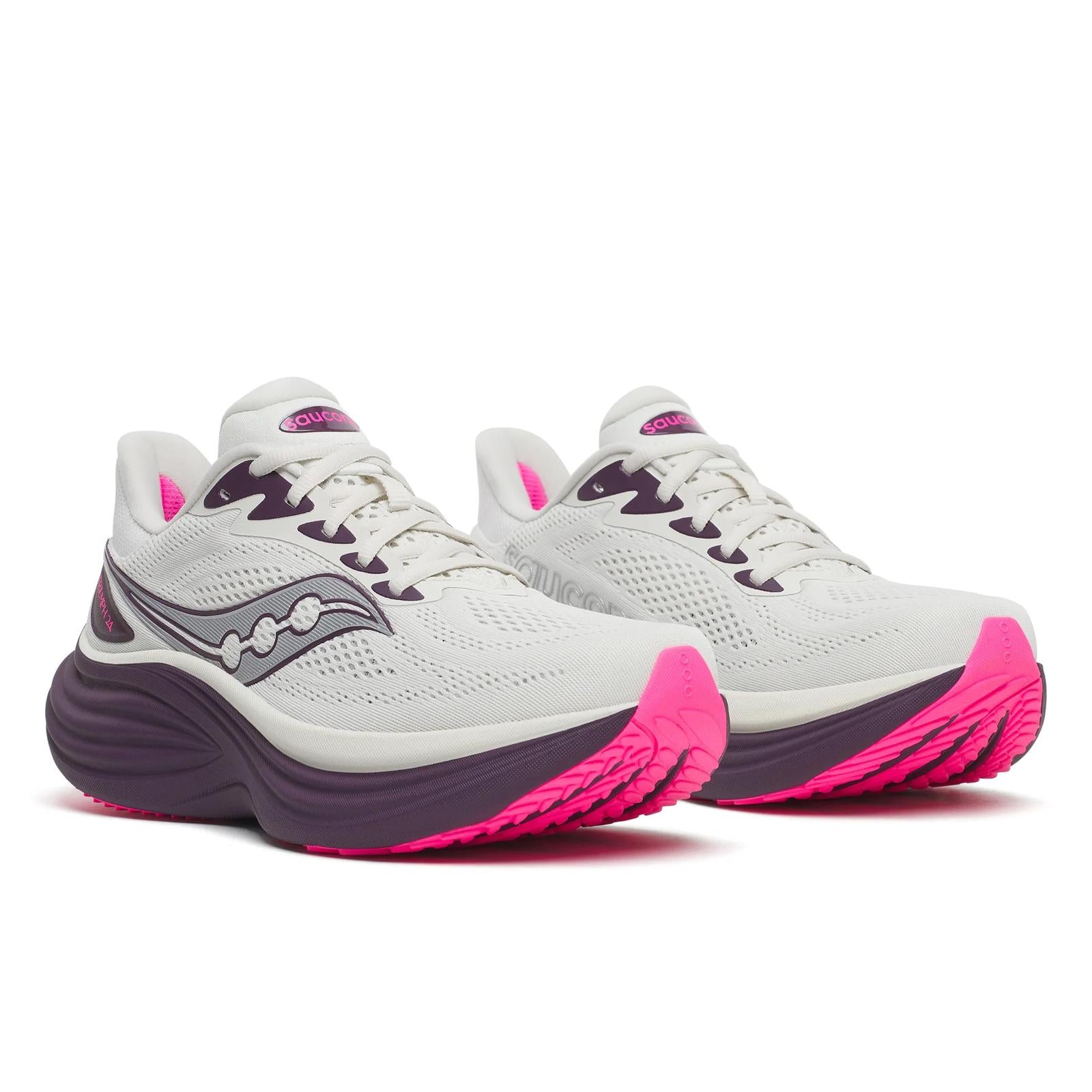 White running shoes with pink soles on a white background