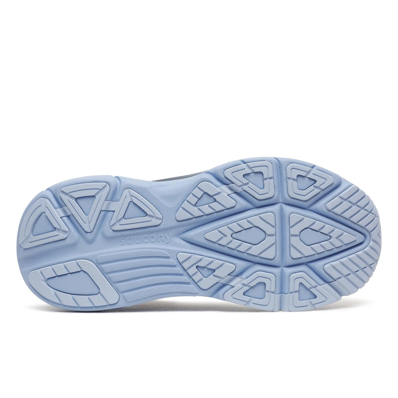 Close-up of a blue shoe sole with tread pattern on a white background