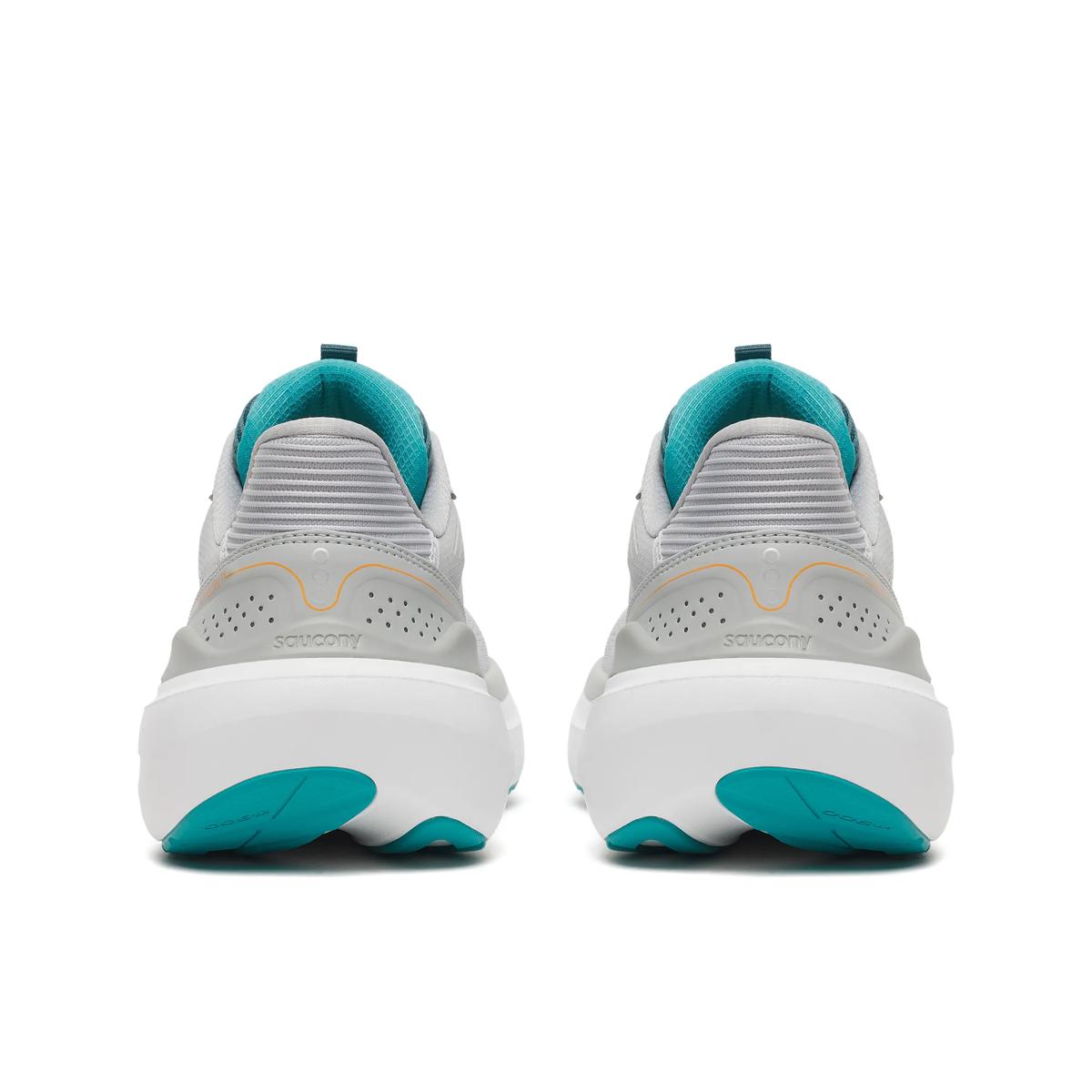 A pair of Saucony athletic sneakers shown from the back, featuring a light gray mesh upper, white chunky midsoles, and bright teal accents on the collar lining, outsole, and heel.