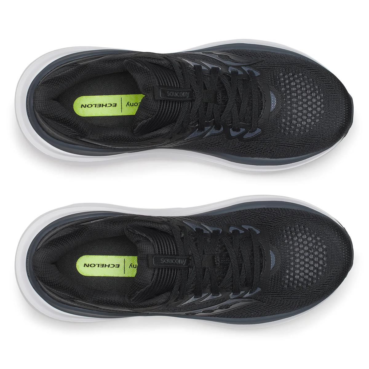A pair of black running shoes shown from a top-down view on a white background, featuring a bright lime green insole label with the brand name 'Echelon'.